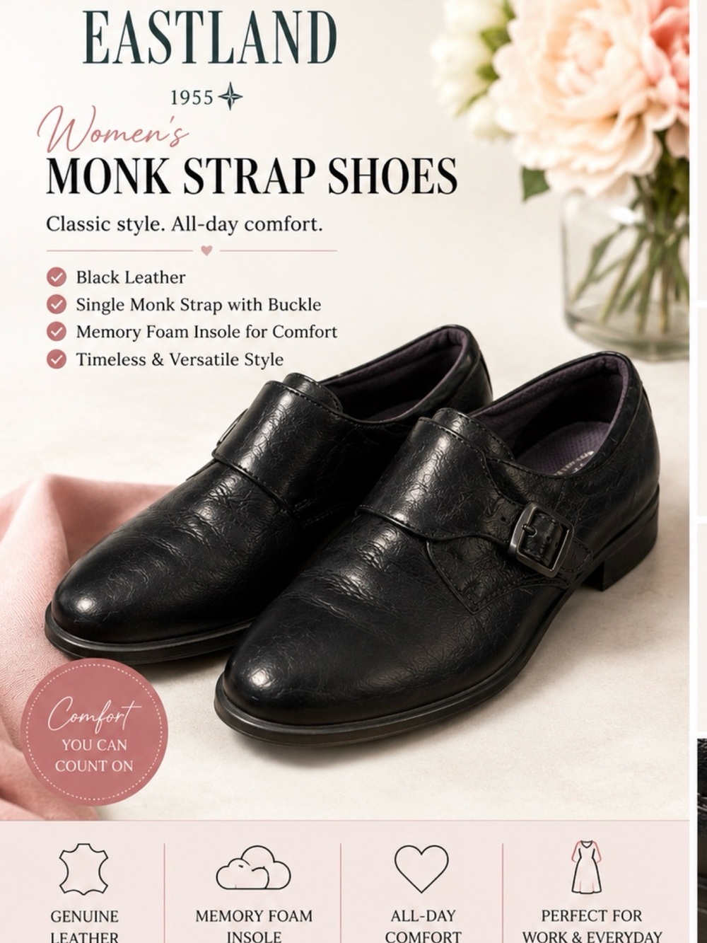 Eastland Black Leather Monk Strap Oxfords